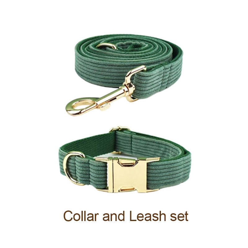 Dark Green Corduroy Dog Collar And Leash Set With Engraved Nameplate GROOMY