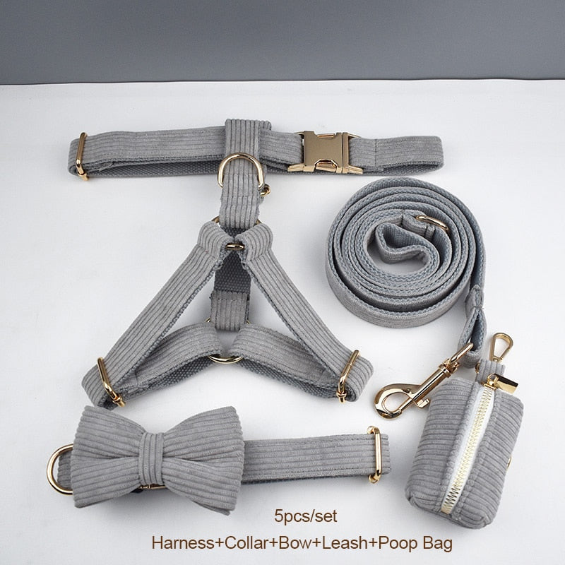 Light Grey Corduroy Dog Collar And Leash With Custom Engraved Nameplate GROOMY