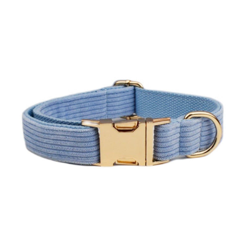 Blue Corduroy Dog Collar And Leash With Custom Engraved Nameplate GROOMY