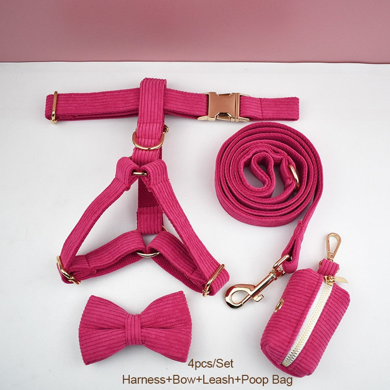 Mei Red Corduroy Dog Collar And Leash Set For Dogs Custom Engraved Nameplate Pet Supplies Dog Leash Corduroy02 GROOMY