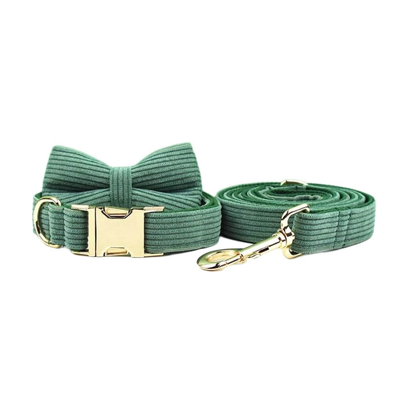 Dark Green Corduroy Dog Collar And Leash Set With Engraved Nameplate GROOMY