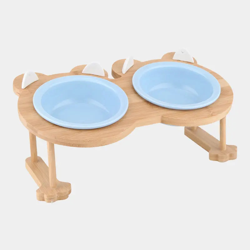 Elevated Ceramic Bowls w/ Premium Wood Stand GROOMY