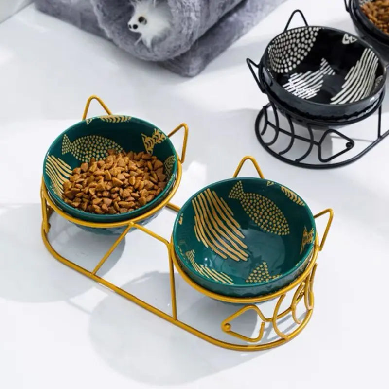 Elevated Dual Ceramic Bowls w/ Stylish Stand GROOMY