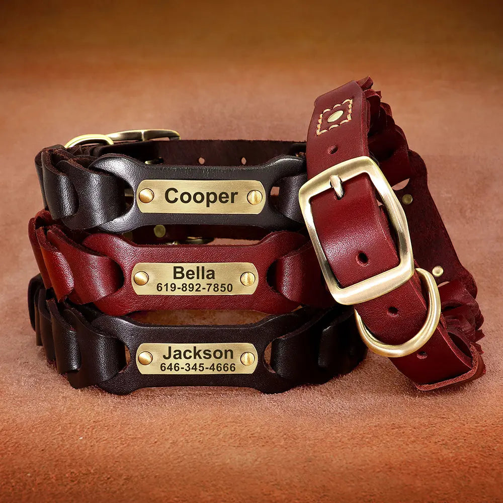 Large Dog Leather Collar w/ Gold Name Tag - Engrave Your Pet's ID GROOMY