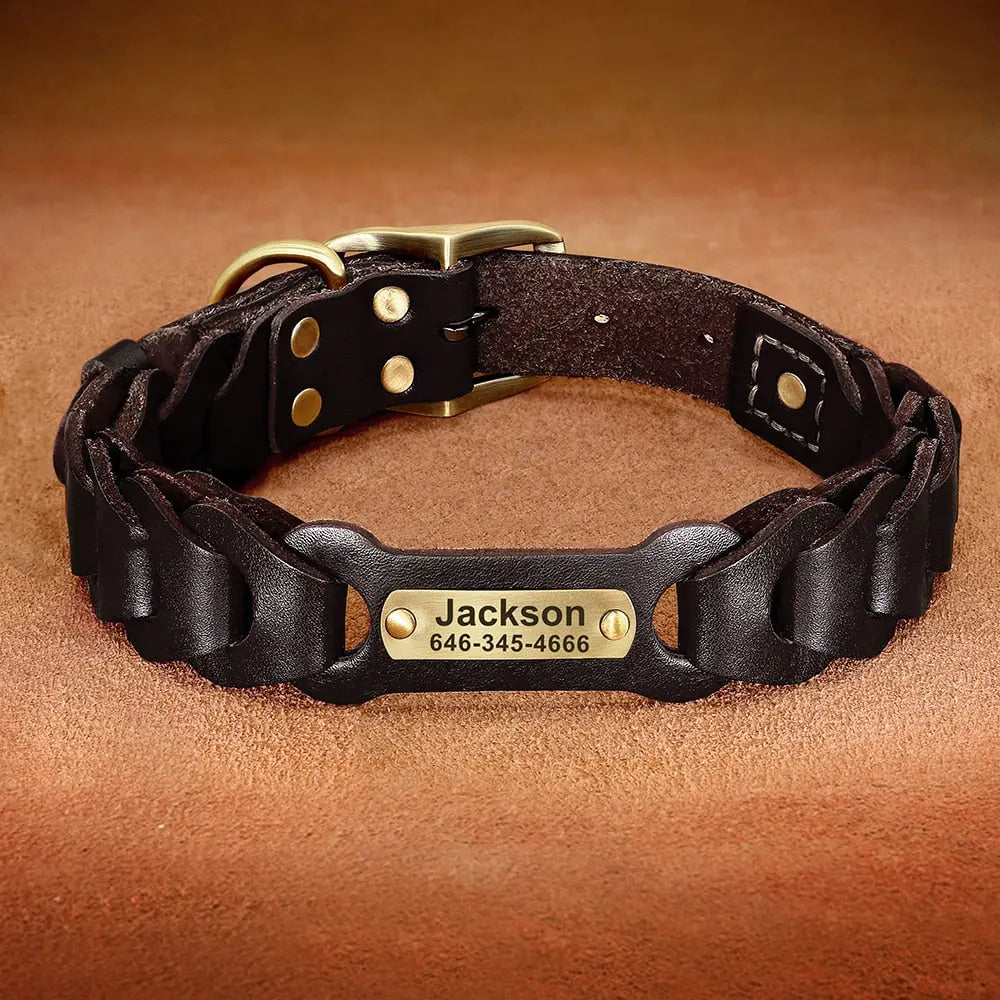 Large Dog Leather Collar w/ Gold Name Tag - Engrave Your Pet's ID GROOMY