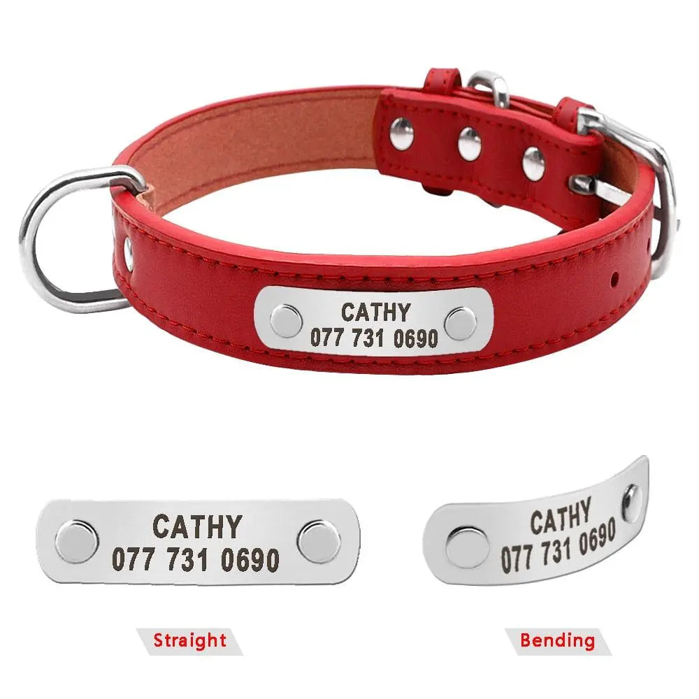 Leather Dog Collar w/ Silver Name Tag - Engrave Your Pet's ID GROOMY